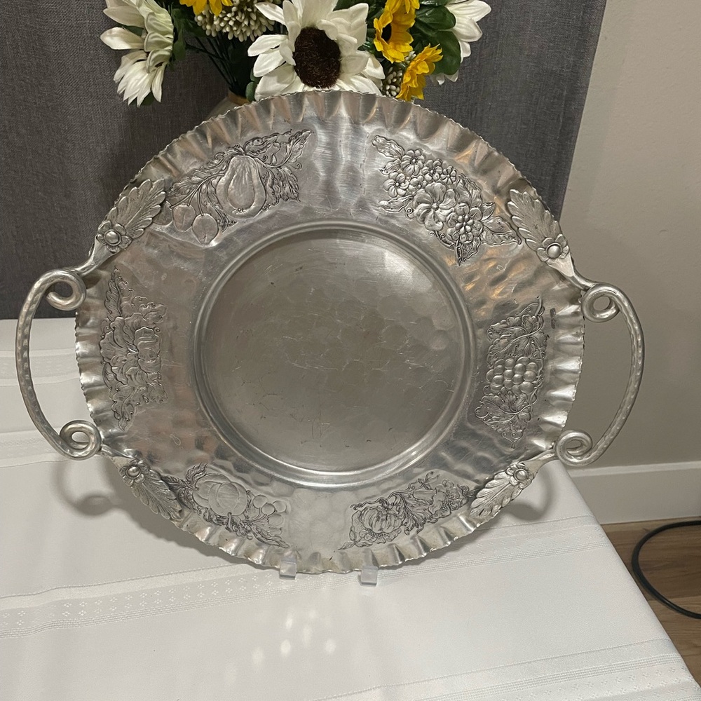 Cromwell Hammered Aluminum Handled Tray.  13.5in.  Hand Wrought Handles.